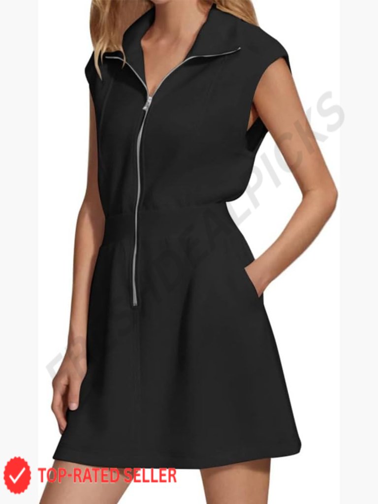 V Neck Collared Sleeveless Zipper Mini Dress With Pockets